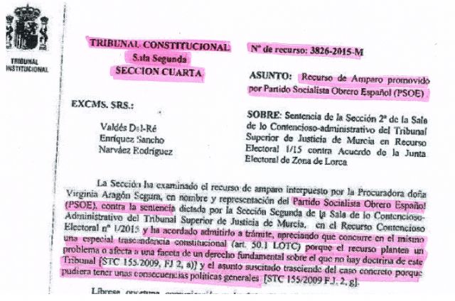El Tribunal Constitucional admite a trámite el recurso del PSOE sobre los resultados electorales del 24 de Mayo en Lorca - 2, Foto 2