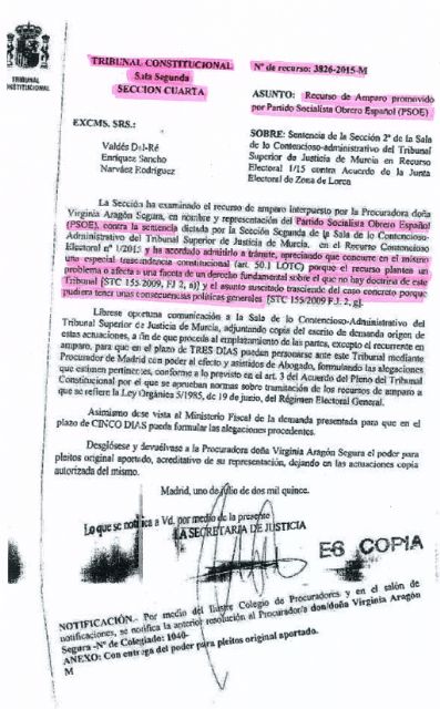 El Tribunal Constitucional admite a trámite el recurso del PSOE sobre los resultados electorales del 24 de Mayo en Lorca - 3, Foto 3