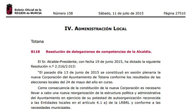 EL BORM publica la resolución de delegaciones de competencias de la Alcaldía, Foto 1