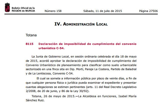 El BORM publica la declaración de imposibilidad de cumplimiento del convenio urbanístico C-54, Foto 1