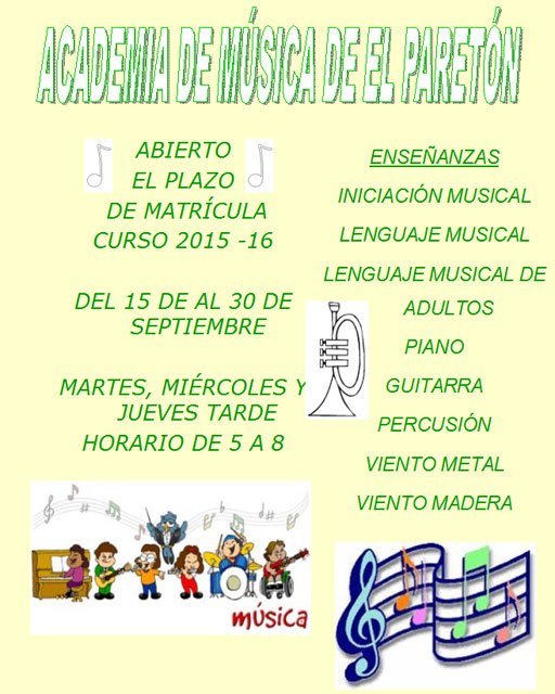 El plazo de matrícula de la Escuela de Música de El Paretón para el curso 2015-16 será del 15 al 30 de septiembre, Foto 1