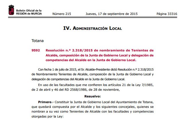 El BORM publica la resolución de nombramiento de Tenientes de Alcalde, composición de la Junta de Gobierno Local y delegación de competencias del Alcalde en la Junta de Gobierno Local, Foto 1