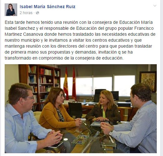 Reunión con la consejera de Educación María Isabel Sánchez-Mora, esta tarde | facebook.com/alcaldesatotana, Foto 1