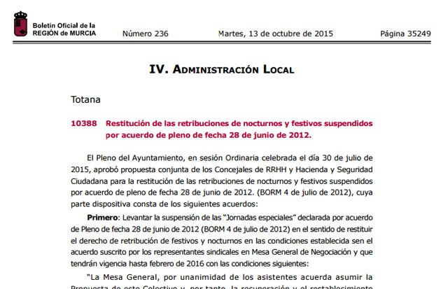 Restitución de las retribuciones de nocturnos y festivos suspendidos por acuerdo de pleno de fecha 28 de junio de 2012, Foto 1