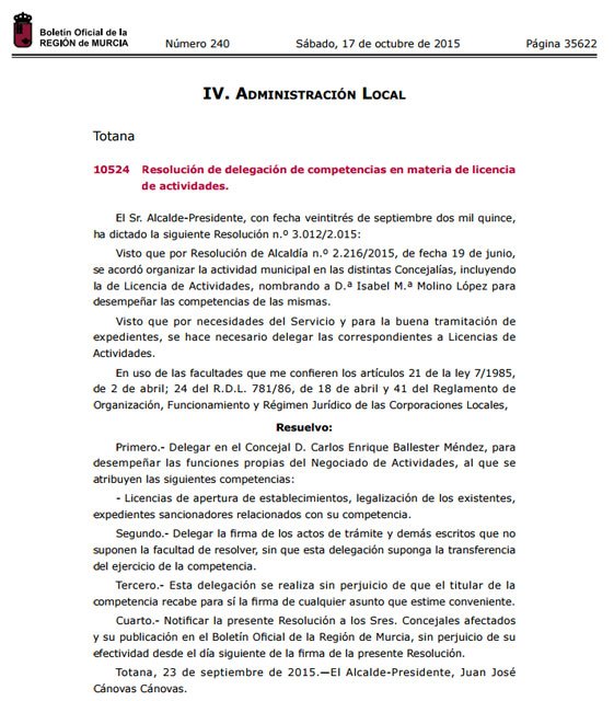 Carlos Ballester asume las competencias en materia de Licencia de Actividades, según publicó el BORM el pasado sábado, Foto 2