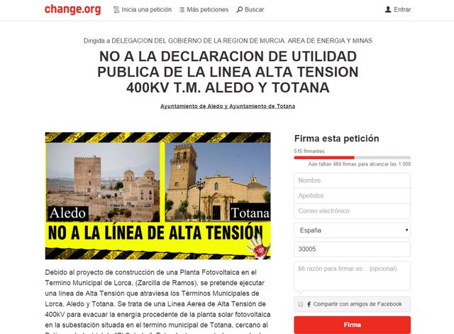Lanzan una campaña de recogida de firmas en change.org en contra de la declaración de utilidad pública de la línea alta tensión 400kv t.m. Aledo y Totana, Foto 1
