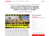 Lanzan una campaña de recogida de firmas en 'change.org' en contra de la declaracin de utilidad pblica de la lnea alta tensin 400kv t.m. Aledo y Totana