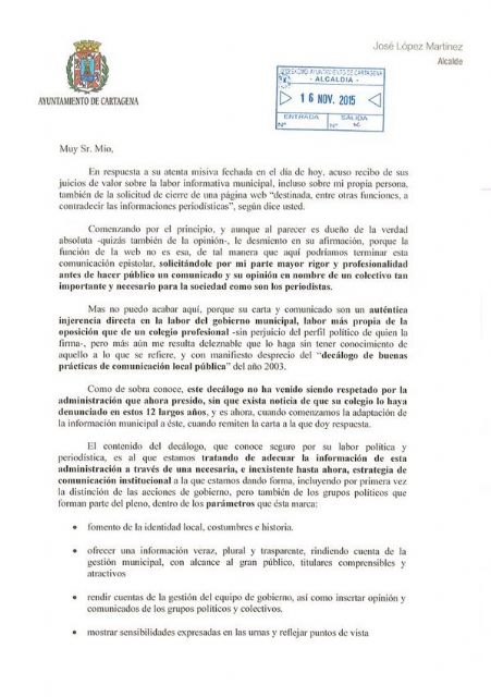 El alcalde defiende, en una carta al decano del Colegio de Periodistas de la Región, el derecho del Gobierno municipal a informar a la ciudadanía - 1, Foto 1