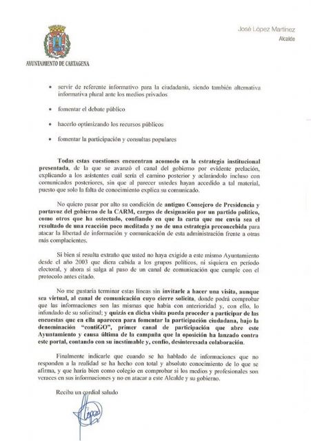 El alcalde defiende, en una carta al decano del Colegio de Periodistas de la Región, el derecho del Gobierno municipal a informar a la ciudadanía - 2, Foto 2