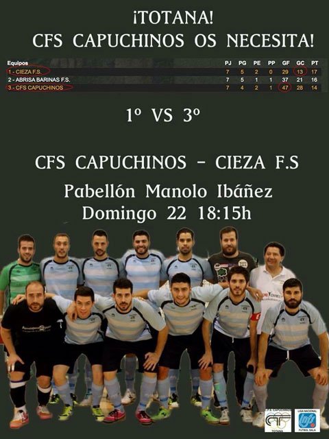 El Fútbol Sala Capuchinos juega un partido importante este domingo contra el Cieza F.S