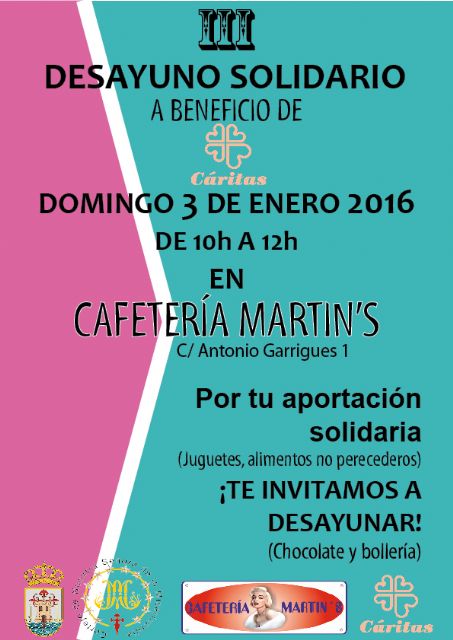 El III desayuno solidario a beneficio de Cáritas tendrá lugar el próximo domingo 3 de enero