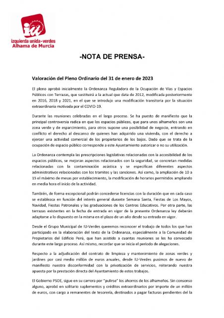 Valoracin del Pleno Ordinario del 31 de enero de 2023. IU-verdes Alhama de Murcia, Foto 1