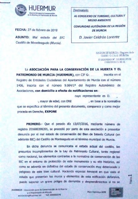 HUERMUR denuncia ante Cultura el estado “INESTABLE Y POTENCIALMENTE PELIGROSO” del Castillo de Monteagudo que reconoce el Plan Director - 1, Foto 1