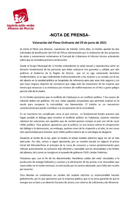 Valoración del Pleno Ordinario del 29 de junio de 2021. IU-verdes Alhama de Murcia - 1, Foto 1