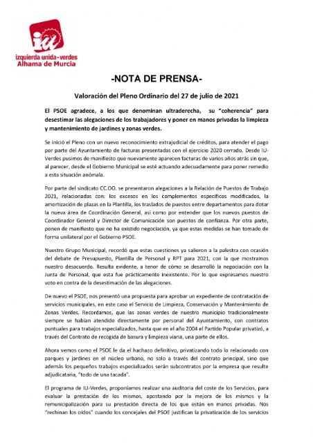 Valoración del Pleno Ordinario del 27 de julio de 2021. IU-verdes Alhama de Murcia, Foto 1