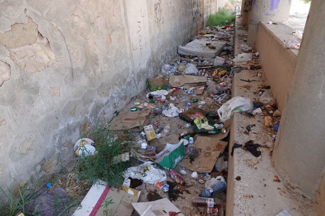 Cientos de botellas se acumulan en el cauce urbano del guadalentín a su paso por lorca convertido en un canalillo de basura - 2, Foto 2