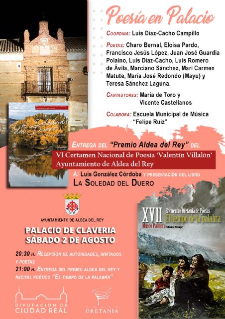 Mañana Aldea del Rey se vestirá de poesía con la presentación del libro 'La soledad del Duero' y el recital poético 'El tiempo de la palabra' en el Palacio de Clavería - 1, Foto 1
