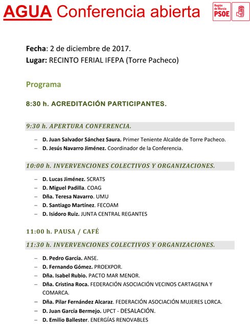 Conesa: En la conferencia abierta de agua queremos escuchar a todos los colectivos para debatir y consensuar - 1, Foto 1