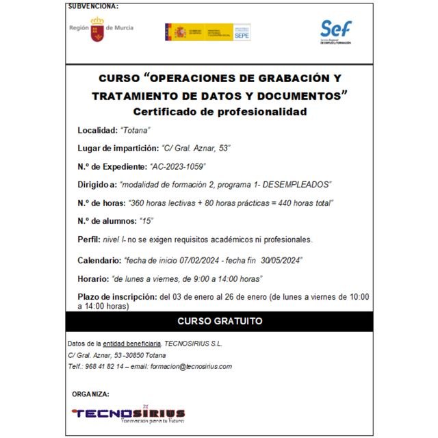 Curso gratuito: Operaciones de Grabación y Tratamiento de Datos y Documentos, Foto 2