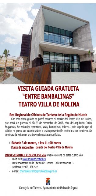 La Concejalía de Turismo de Molina de Segura organiza la visita guiada gratuita ENTRE BAMBALINAS: VISITA EL TEATRO VILLA DE MOLINA el sábado 3 de marzo - 1, Foto 1