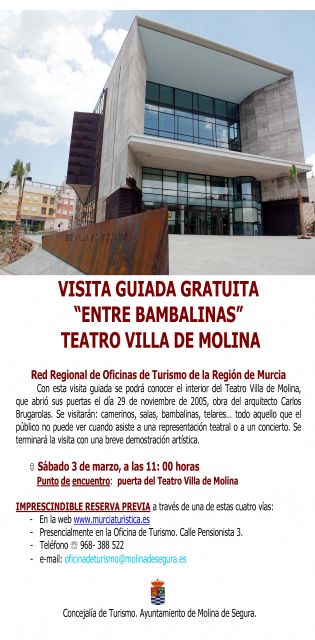 La Concejalía de Turismo de Molina de Segura organiza la visita guiada gratuita ENTRE BAMBALINAS: VISITA EL TEATRO VILLA DE MOLINA el sábado 3 de marzo - 1, Foto 1
