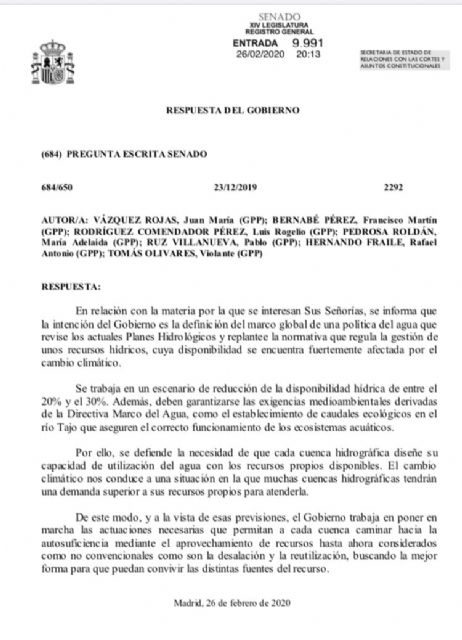 El PP anuncia que el Gobierno de Sánchez admite por escrito que entre sus planes no está la supervivencia del trasvase Tajo Segura - 2, Foto 2