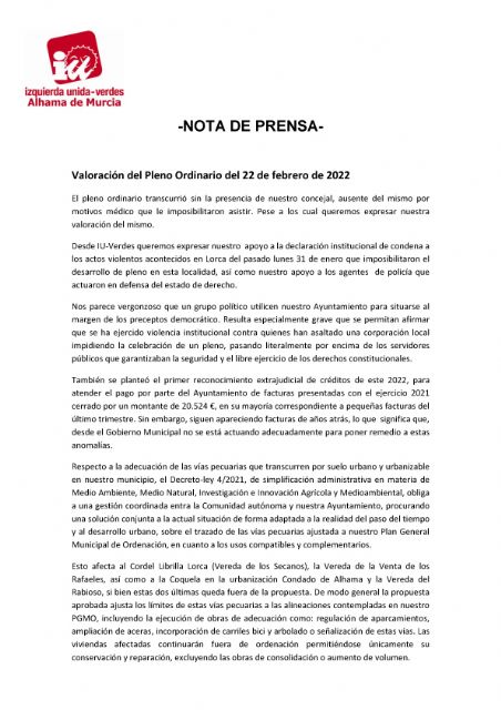 Valoracin del Pleno Ordinario del 22 de febrero de 2022. IU-verdes Alhama de Murcia, Foto 1