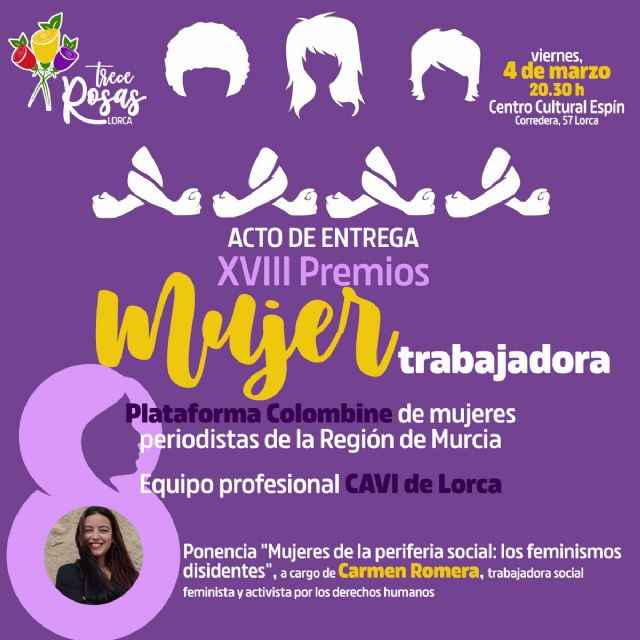 El CAVI de Lorca y la plataforma Colombine, premios 2022 a la mujer trabajadora que organiza la asociación Trece Rosas - 1, Foto 1