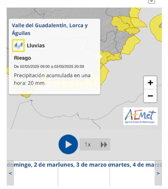 La AEMET amplía hasta las 21 horas de este domingo el nivel amarillo por lluvias en Lorca - 1, Foto 1