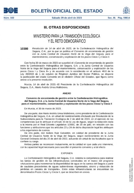 El BOE publica la encomienda de gestión de los pozos Cieza I y Cieza II - 1, Foto 1