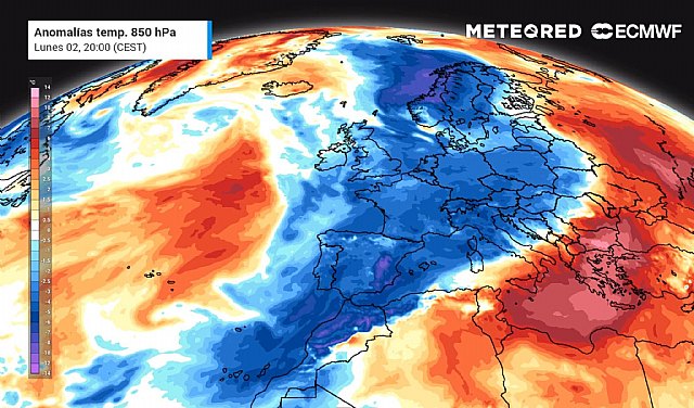 Anomalías de temperaturas a unos 1500 metros de altitud previstas para el inicio de la semana., Foto 1