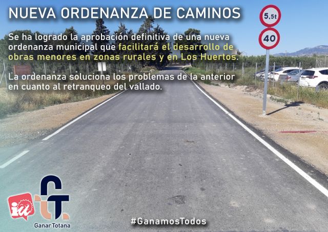 Ganar Totana-IU: La nueva Ordenanza de Caminos facilitará nuevas obras menores en zonas rurales y en Los Huertos, Foto 1