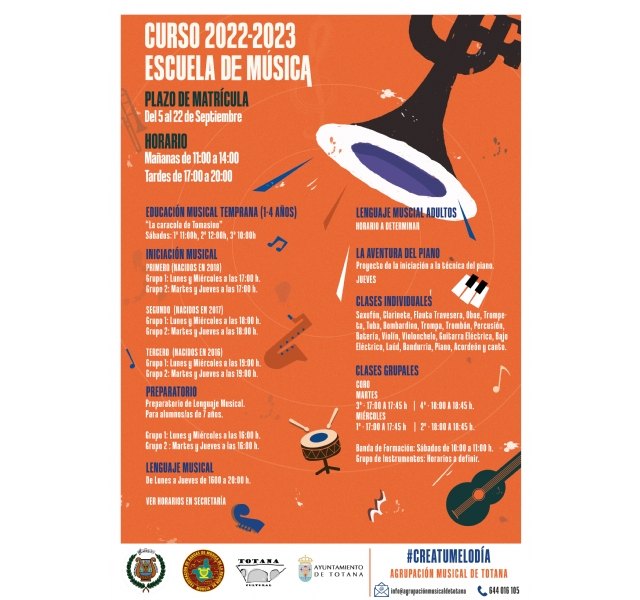 Del 5 al 22 de septiembre permanecerá abierto el plazo de matrícula de la Escuela de Música de Totana para el curso 2022/2023, Foto 3