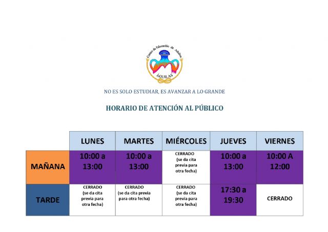 Nuevo horario de atención del Centro de Educación de Adultos - 1, Foto 1