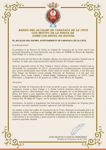 El Ayuntamiento de Caravaca emite un Bando invitando a los vecinos a expresar el afecto, cercanía y agradecimiento a los Reyes de España - 1, Foto 1