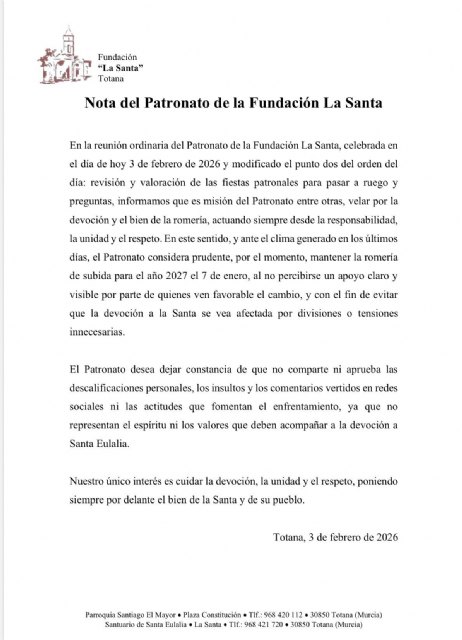 El Patronato de la Fundación La Santa decide mantener la romería de subida el 7 de enero de 2027, Foto 2