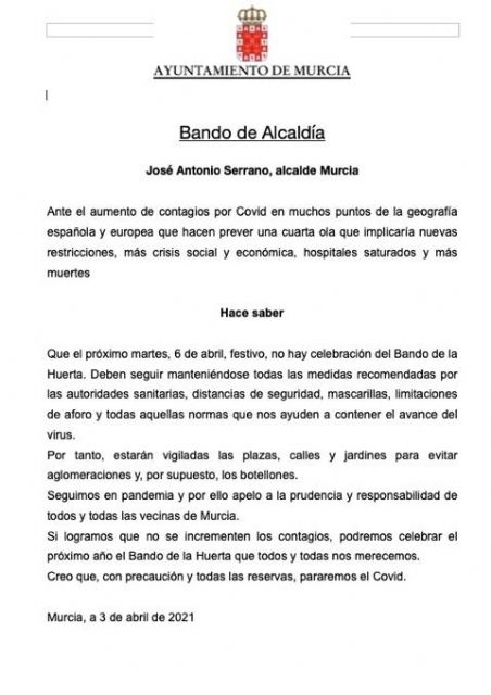 José Antonio Serrano pide prudencia y responsabilidad para el martes que es festivo, aunque no se celebra el Bando de la Huerta - 1, Foto 1