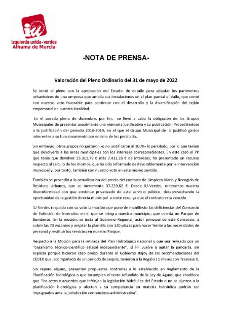 Valoracin del Pleno Ordinario del 31 de mayo de 2022. IU-verdes Alhama de Murcia, Foto 1