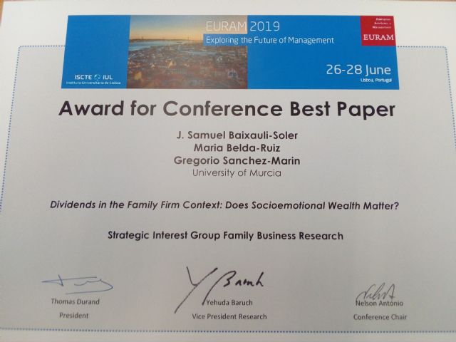 Investigadores UMU reciben el premio al mejor trabajo en congreso internacional de Management por investigación sobre la política de dividendos en las empresas familiares - 3, Foto 3