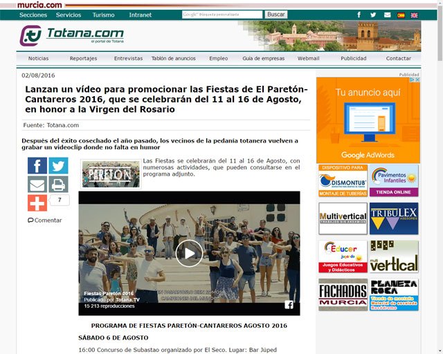 El vídeo promocional de las Fiestas de El Paretón-Cantareros 2016 arrasa con más de 15.000 reproducciones en Totana.com, en menos de 24 horas, Foto 5