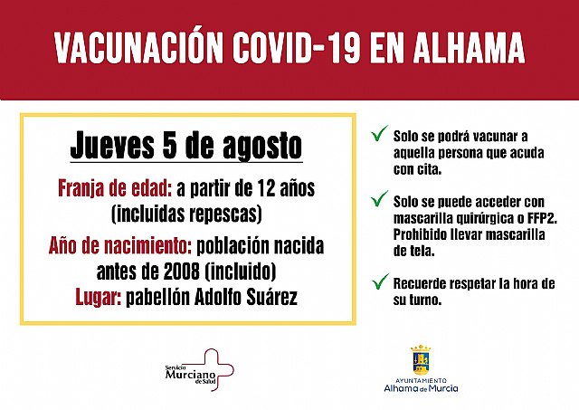 Previsión de vacunaciones Covid-19 en Alhama para el jueves 5 de agosto, Foto 1