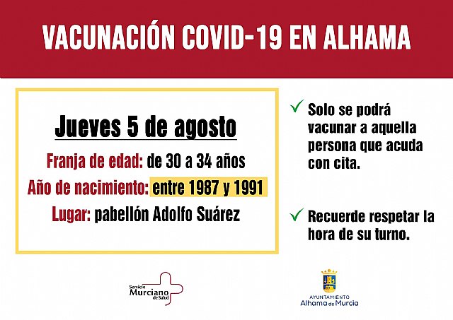 Previsión de vacunaciones Covid-19 en Alhama para el jueves 5 de agosto, Foto 2