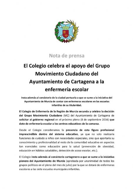 El Colegio Oficial de Enfermería felicita a MC por su iniciativa de instar a la CARM para que dote de enfermería escolar a los centros educativos de Cartagena - 2, Foto 2