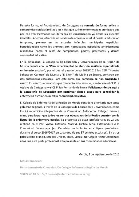 El Colegio Oficial de Enfermería felicita a MC por su iniciativa de instar a la CARM para que dote de enfermería escolar a los centros educativos de Cartagena - 3, Foto 3