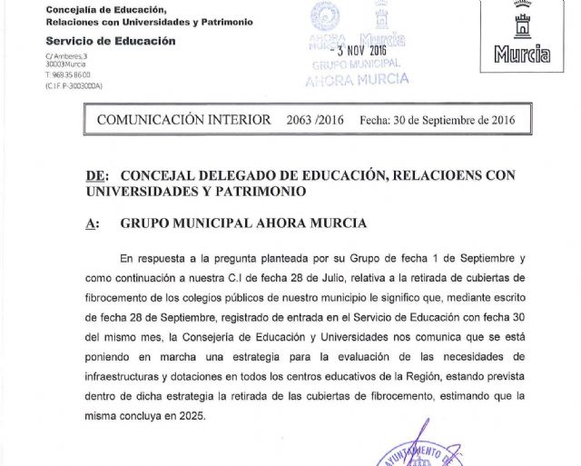 Ahora Murcia desvela que la CARM no tiene previsto acabar con el amianto en los tejados de los colegios públicos hasta 2025 - 1, Foto 1
