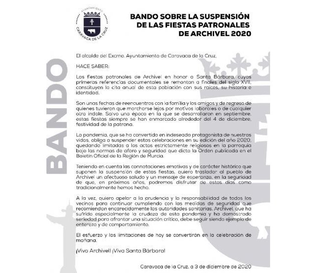 La Alcaldía emite un Bando sobre la suspensión de las fiestas de Archivel, en el que pide colaboración vecinal para evitar concentraciones sociales y respetar la normativa sanitaria vigente - 1, Foto 1