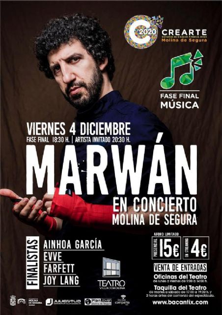 El Teatro Villa de Molina acoge la fase final de la modalidad de música del Certamen de Creación Artística Joven CREARTE 2020 de Molina de Segura el viernes 4 de diciembre con MARWAN como artista invitado - 1, Foto 1
