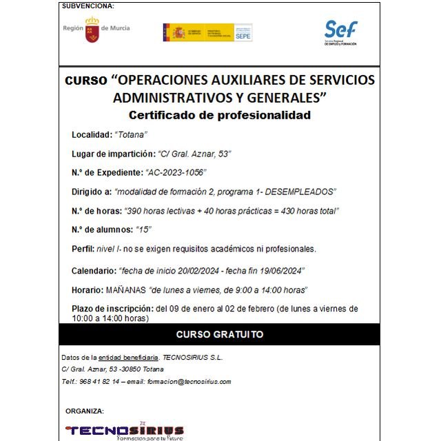 Curso gratuito de Operaciones Auxiliares de Servicios Administrativos y Generales en Totana, Foto 2