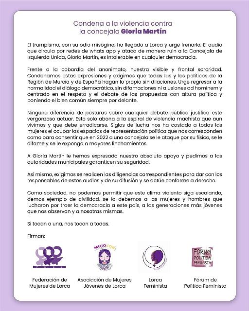 La Red feminista de IUVRM rechaza y condena los insultos hacia la concejala de Lorca, Gloria Martín - 2, Foto 2