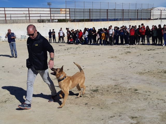 Alumnos del IES Prado Mayor asisten a una exhibición canina de animales que trabajan para contribuir a la recuperación psicológica de víctimas de violencia de género